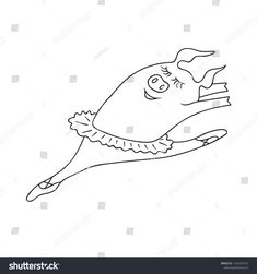 a cartoon pig flying through the air with its nose open and tongue out, black and white