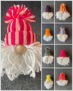 a collage of different knitted hats with pom - poms on them