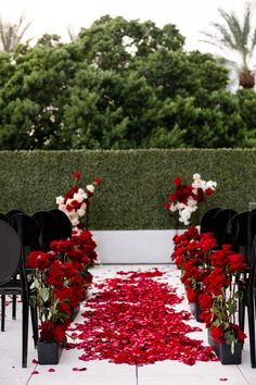 the aisle is lined with black chairs and red rose petals