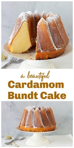 a beautiful cardamoon bundt cake with powdered sugar on top