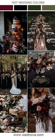 a collage of different wedding colors with flowers and greenery on the table in front of them