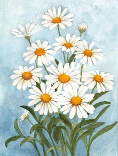 a painting of white daisies on a blue background