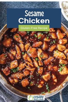 sesame chicken with gravy in a skillet on top of a blue table