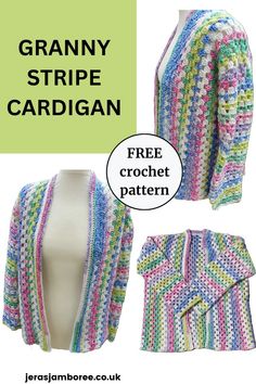 A colourful granny cardigan is styled on a mannequin showing the side  and front view - the same cardigan is laid out flat Granny Stitch Cardigan Pattern, Granny Stripe Cardigan, Granny Stitch Cardigan, Colourful Cardigan, Crochet Cardigan Pattern Free Women, Granny Stripe Crochet, Crochet Granny Stitch, Granny Stripe, Crochet Cardigan Free