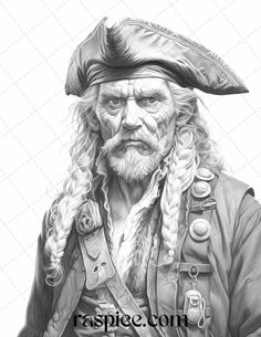 an old man with long hair wearing a pirate hat and braids, in black and white