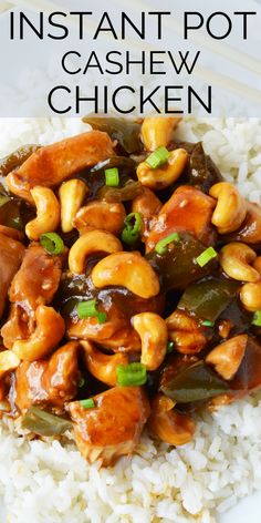 chicken and cashew stir fry on top of rice with chopsticks