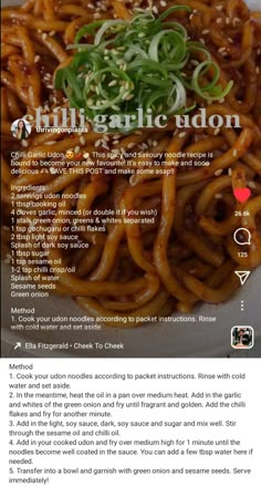 a plate of noodles with sauce and green onions on top, in the middle of an instagram post