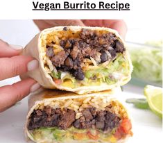 two burritos cut in half and stacked on top of each other with the words vegan burrito recipe