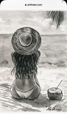 a drawing of a woman sitting on the beach with a coconut in her hand and a straw hat over her head