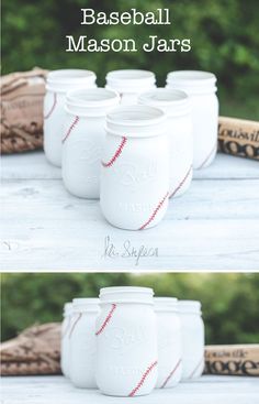 baseball mason jars are lined up on a table