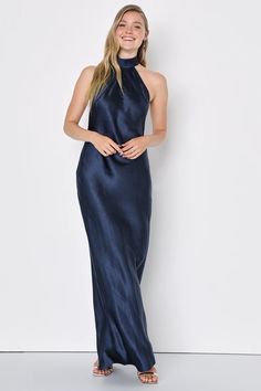 Navy Midi Bridesmaid Dress, Maxi Halter Dress Formal, Halter Formal Dress Long, Silk Navy Blue Bridesmaid Dresses, Silk Navy Blue Dress, Navy Blue Halter Dress, Preference Night, Navy Blue Satin Dress, Navy Bridesmaid Dress