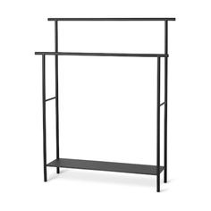 a black shelf with two shelves on each side