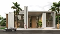 a car is parked in front of a modern house with palm trees on the street