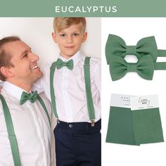 a young boy wearing green suspenders and a bow tie next to an adult man