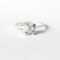 Rough Diamond Solitaire Ring in Sterling Minimalist White Diamond Ring, White Minimalist Diamond Ring, White Cluster Ring With Single Cut Diamonds For Promise, White Ethical Diamond Crystal Ring, Diamond Solitaire Rings, Rough Diamond, 1 Carat, Sterling Silver Bands, White Silver