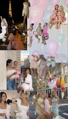 the collage shows many different pictures of women in dresses and balloons, including one woman with