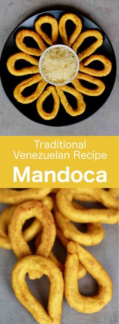 the traditional venezuelan recipe mandoca is served on a plate with onion rings