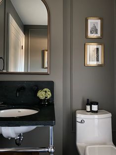 a white toilet sitting next to a bathroom sink under a large mirror on the wall