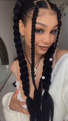 Black Braid Pigtails, Long Braided Pigtails, High Pigtail Braids, Pigtail Braids Black Women, Braids Pigtails, Braid Pigtails, Four Braids, Braided Pigtails, Four Braid