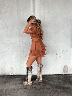 Fall Dresses For Pictures, Boots And Dress Outfit Western, Western Romper Outfit, Fall Country Wedding Guest Outfit, Casual Nashville Outfit, Western Dance Outfit, Country Dresses With Cowboy Boots, Western Date Night Outfit, Black Dress And Cowboy Boots