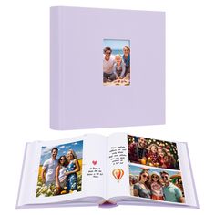 an open photo book with two photos on the cover and one in the middle showing family pictures