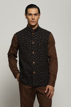 Black sleeveless bundi with all over ants embroidery detail. - Aza Fashions Traditional Black Cotton Nehru Jacket, Traditional Black Sleeveless Vest, Traditional Fitted Black Vest, Ants Embroidery, Cotton Embroidery, Fashion App, Embroidery Details, Black Sleeveless, Aza Fashion