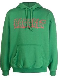 logo-print drawstring hoodie from PACCBET featuring red, cotton, logo print to the front, drawstring hood, front pouch pocket, ribbed edge, drop shoulder, long sleeves, straight hem and leaf green. February 2023, Hoodie Green, Leaf Green, E Logo, Printed Drawstring, Cotton Logo, Drawstring Hoodie, Sweaters Knitwear, Mens Activewear