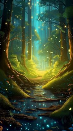 a painting of a forest with fireflies flying over it's water and trees