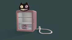 a pink refrigerator with a black cat on top and an electrical cord attached to it