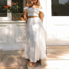 Betrodi Women Summer Maxi Skirt Set Off Shoulder Smocked Crop Top High Rise Maxi Skirt Y2k Outfits Beach Vacation Dress Set
#summer #outfit #flowy #white #dress #beach #outfit #inspo Female Skirt, Long Skirt Set, Casual Beach Wear, Chic Skirts, Floral Outfit, Solid Clothes, Suit Fashion, Chic Woman, Long Skirt