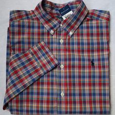 Brand New With Tag Ralph Lauren Boys (Young Men) Long Sleeve Shirt With Button-Down Collar In Size Large (14-16). Multi-Color Plaid (Red, Blue, Yellow, White) With Navy Polo Logo. L- 39" (98 Cm) Around Chest, 25" (63 Cm) In Length. 100% Cotton. Ralph Lauren Red Collared Shirt, Red Ralph Lauren Collared Shirt, Red Collared Ralph Lauren Shirt, Ralph Lauren Red Button-up Top, Red Button-up Ralph Lauren Top, Red Casual Shirt With Placket, Casual Red Shirt With Placket, Ralph Lauren Multicolor Spring Shirt, Fitted Multicolor Ralph Lauren Shirt