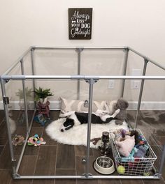 a dog cage with stuffed animals and toys in it on the floor next to a wall