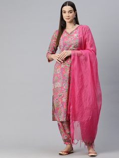 Women Floral Printed Regular Thread Work Pure Cotton Kurta with Patiala & With Dupatta PRODUCT DETAILS  Pink printed Kurta with Patiala with dupatta Kurta design: Floral printed Straight shape Regular style V-neck, three-quarter regular sleeves Thread work detail Calf length length with straight hem Pure cotton machine weave fabric Patiala design: Printed Patiala Elasticated waistband Drawstring closure Size & Fit Size worn by the model: 38 Chest: 32" Waist: 25'' Hips: 37'' Height: 5'8" Material Pink Printed Sets For Diwali, Festive Pink Printed Sets, Festive Pink Printed Salwar Kameez, Patiala Design, Pink Printed Dupatta For Eid, Diwali Pink Printed Dupatta, Pink Digital Print Dupatta For Eid, Summer Pink Printed Dupatta, Pink Semi-stitched Dola Silk Unstitched Suit