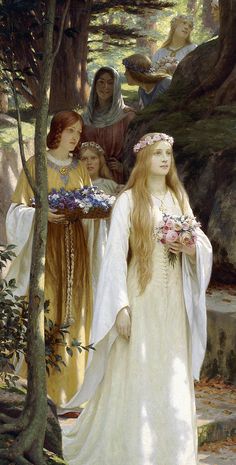 an image of a woman in white dress with flowers on her head and other people around her