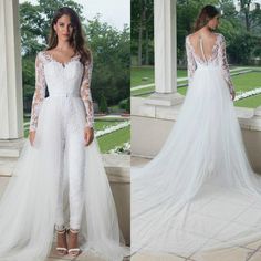 two photos of a woman in white wedding gowns, one is wearing a long sleeved dress and the other has an open back