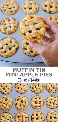 mini apple pies in a muffin tin on a baking sheet with text overlay