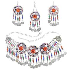 Upgrade your accessory game with this Tribal Rhinestone Coins Jewelry Set that includes a necklace and earrings. With a Thai silver finish, this set has a unique ethnic vibe that's both elegant and cute. The choker necklace is lightweight and comfortable, this Ethnic Jewelry Set is made of zinc alloy, rhinestone, and crystal materials, ensuring durability and longevity and perfect for everyday wear. It's a great addition to your vintage jewelry collection. Coins Jewelry, African Beads Necklace, Afghan Jewelry, Vintage Jewelry Sets, Zhejiang China, Stylish Necklace, Acrylic Jewellery, African Beads, Coin Jewelry