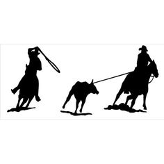 three silhouettes of people riding horses and pulling a dog