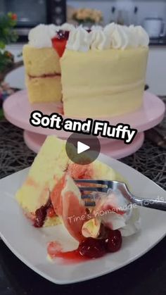 two different types of cakes on plates with the words soft and fluffy written below them