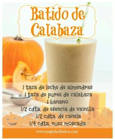 an advertisement for a smoothie drink with pumpkins and other ingredients in the background