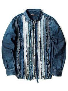 a jean jacket with multicolored stripes and fraying on the front, sitting on top of a white surface