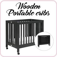 the wooden portable crib is black and white