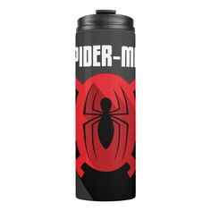 thermos spider - man logo on a black and red canister with an orange circle