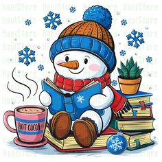 a snowman reading a book while holding a cup of coffee