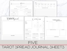 the five tarot spread journal sheets with text overlay