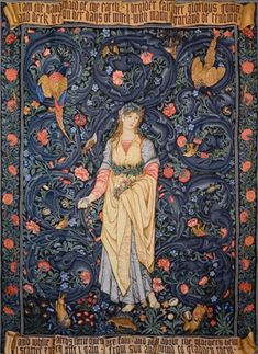 an ornate tapestry with a woman surrounded by birds and flowers