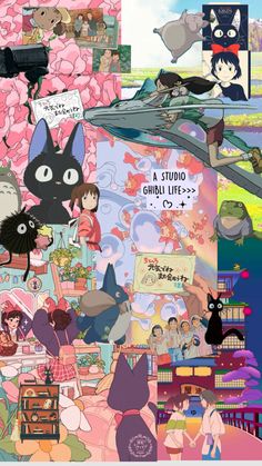 anime collage with cats and other things in the background, including an image of a cat