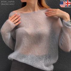 🧶Knitting pattern language: ENGLISH 🖤The Thin Jumper pattern is worked from the bottom up in stockinette stitch. First, the body part is worked in the round on circular needles, then the stitches are divided for the front and back, which are worked separately. The boat neckline and sloped shoulders fit are shaped using a sloped bind-off technique. The shoulders are sewn together, and finally, stitches are picked up and knitted along armholes for working the sleeves in the round. 🖤The best exa Mohair Sweater Pattern, Openwork Sweater, Mohair Knitting, Knit Mohair Sweater, Lace Jumper, Mohair Jumpers, Jumper Knitting Pattern, Jumper Patterns, Summer Sweater