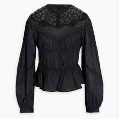 Isabel Marant Etoile Samantha Embroidered Tulle-Panelled Ramie Blouse Like Brand New Only Wore Once For Attending A Formal Event Brought To Dry Cleaners Perfect Condition No Flaws Besides Tag Removed Retails For 970 Usd Size: 34 Xs (Smallest Size From Isabel Marant) Blouse Tulle Ramie Embroidered Crocheted Lace Trims Paneled Elasticated Waist Buttoned Cuffs Concealed Zip Fastening Along Back Non-Stretchy Fabric Mid-Weight Fabric Dry Clean Imported 100% Ramie Elegant Black Blouse With Intricate Embroidery, Black Embroidered Silk Top, Black Silk Tops With Lace Trim, Elegant Fitted Black Embroidered Top, Elegant Black Fitted Embroidered Top, Elegant Black Long Sleeve Embroidered Top, Elegant Long Sleeve Black Embroidered Top, Insane Fashion, Crocheted Lace