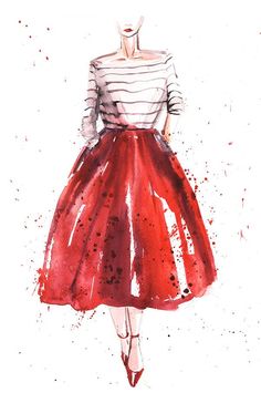 a watercolor painting of a woman in a red skirt and striped shirt with her hands on her hips